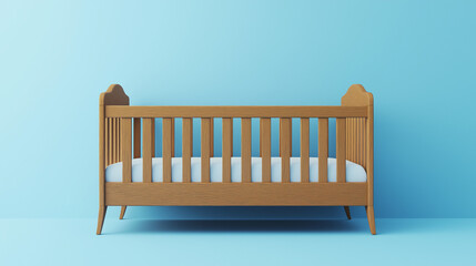 A cozy baby bed with soft bedding placed against a bright blue background.
