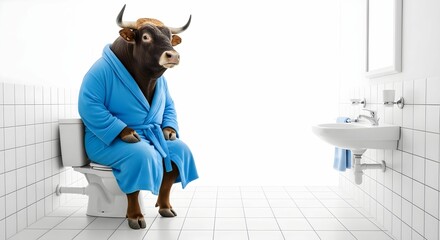 Cow in a bathroom wearing a blue robe sitting on a toilet during a relaxed morning