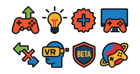 Flat vector icons of innovation and trends in gaming: trending game icon, innovation spark, new feature badge, gaming tech icon, platform crossover symbol, VR/AR trend icon, beta access badge, future