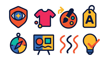 Fototapeta premium Flat vector icons of design vision and aesthetics: creative vision badge, style evolution icon, harmony palette symbol, design personality tag, aesthetic compass, mood direction board, expressive