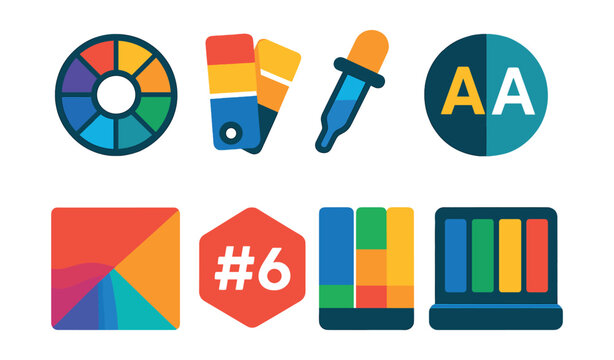 Flat vector icons of color and palette tools: color wheel icon, swatch palette, eyedropper tool, contrast checker icon, gradient square, HEX value badge, color scheme set, theme palette display.