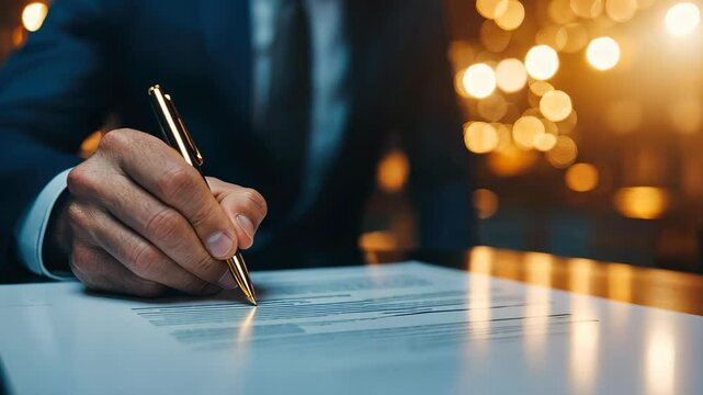 Businessman Signing Contract: Close-up of a businessman's hand signing an important document with a gold pen, under the soft glow of warm, ambient lighting.  The image conveys seriousness.