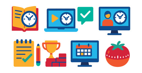 Flat vector icons of educational resources and training: time mastery course icon, online productivity class, time management webinar, daily planner workshop, habit building challenge, calendar