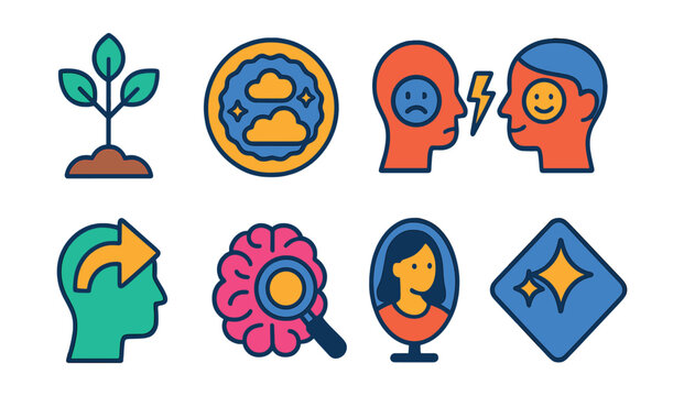 Flat vector icons of mindset and inner growth: growth mindset tree, positive thoughts badge, inner critic vs coach symbol, open mind icon, mindset shift arrow, focus brain icon, self-awareness mirror
