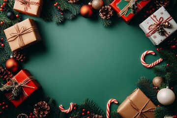 Festive Christmas flat lay composition featuring gifts, ornaments, and candy canes on a green background. Vintage style stock photo

