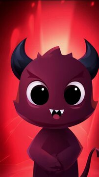 Cartoon purple devil with horns, tail, angry expression and sharp teeth on stylized red background design animation