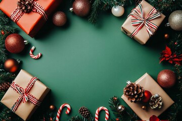 Festive Christmas flat lay composition featuring gifts, ornaments, and candy canes on a green background. Vintage style stock photo
