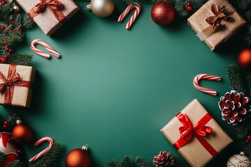 Festive Christmas flat lay composition featuring gifts, ornaments, and candy canes on a green background. Vintage style stock photo
