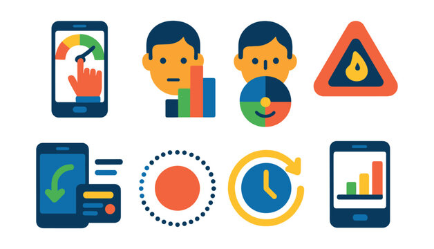 Flat vector icons of self-awareness and tech habits: scroll awareness meter, behavior reflection chart, weekly use emotion chart, overuse alert icon, mindful scroll log, usage awareness dot,