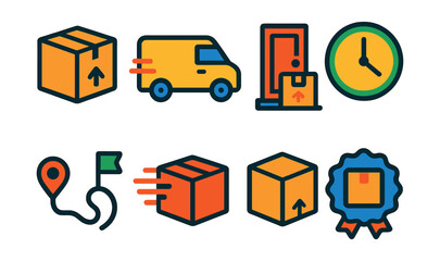 Flat vector icons of delivery services: delivery box, delivery van, package at door, delivery time icon, delivery route, express shipping, parcel icon, delivery badge.