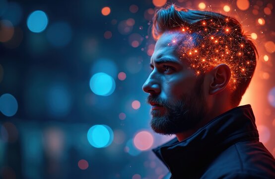 Portrait male face side view. Illuminated by glowing neon network nodes. Artificial intelligence concept. Network connection in human brain. Modern digital technology. Futuristic, cybernetic,