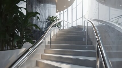 Obraz premium Modern, curved staircase with a polished metal handrail.