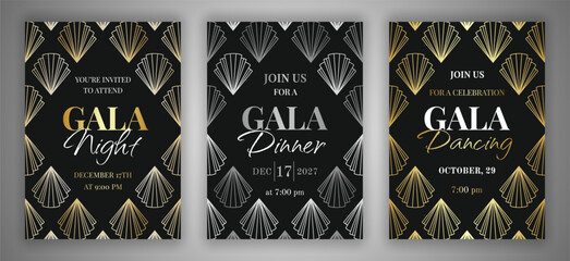 Art deco style gala night, dinner, dancing invitation set. Gold and silver geometric linear signs on the black background. EPS 10 vintage cards with diamond-shaped frames.