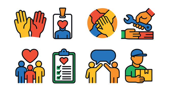 Flat vector icons of volunteering and service: helping hands, volunteer badge, teamwork action, hands-on project, group effort icon, volunteer checklist, community support, local help.