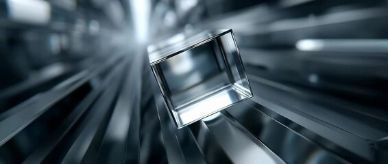 Rotating glass cube suspended in a futuristic tunnel of light with crystalline reflections and soft depth-of-field blur - Powered by Adobe