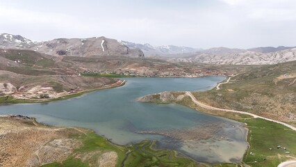 Mountain green landscape. stunning nature snow-capped mountains on the horizon first grass, stream....