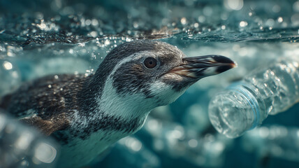 Fototapeta premium Penguin swims gracefully among discarded plastic bottles in ocean waters