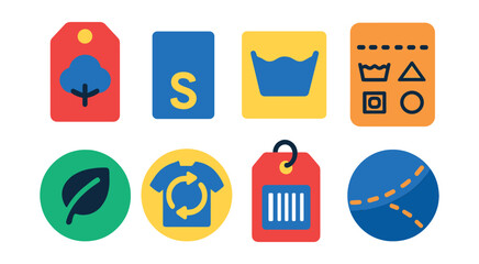 Flat vector icons of fabric and clothing tags: cotton tag, size label, washing symbol, care instructions tag, eco-fabric badge, recycle clothing icon, clothing barcode label, stitching detail view.