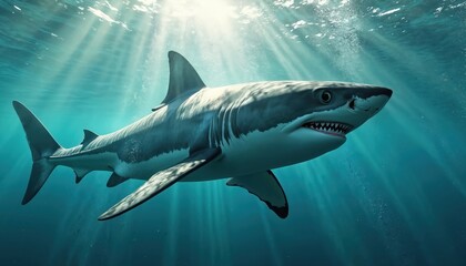 Fototapeta premium Majestic great white swims through sun-drenched ocean waters. Sunlight rays penetrate the deep sea, illuminating this apex predator. Marine life underwater. Adventure, diving, travel concept.