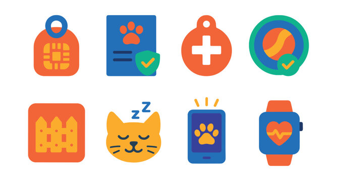 Flat vector icons of pet safety, insurance, and wellness: microchip tag icon, pet insurance document, emergency contact tag, safe toy badge, fenced yard symbol, calm behavior icon, pet meditation app