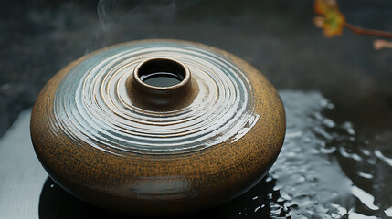 A brown ceramic vase with a unique design, set against a black dark background, emphasizing its texture and artistic form with a dramatic contrast.

