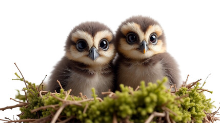 Fototapeta premium Two fuzzy owl chicks sit together in a cozy nest made of moss and feathers, gazing into the sky with wide amber eyes