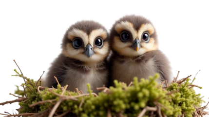 Two fuzzy owl chicks sit together in a cozy nest made of moss and feathers, gazing into the sky with wide amber eyes