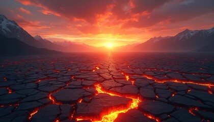 Fiery sunset over mountain landscape. Lava ground with hot lava flow. Red sky clouds and sun at horizon. Volcanic, magma, fire, inferno scene. Fantasy art.