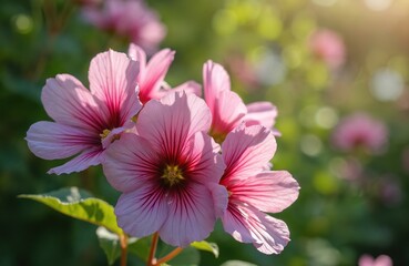 Obraz premium Delicate pink magenta Althaea officinalis flowers. Marsh-mallow blooms in garden. Floral outdoor background, sunny summer day. Close-up of colorful petals, natural light creates romantic, spring,