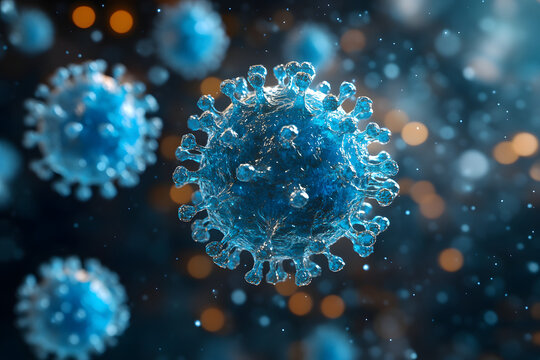 GClose-up of blue exosome particles inside transparent spheres. 3D illustration of exosomes in biotechnology. Scientific visualization related to cosmetology and trichology.enerated image