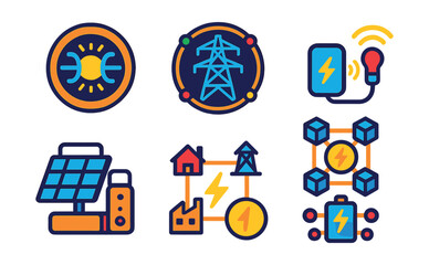 Fototapeta premium Flat vector icons of future energy and power systems: clean fusion reactor icon, smart grid badge, wireless energy transfer, energy blockchain symbol, portable solar unit, microgrid network icon,