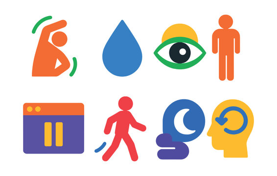 Flat vector icons of break reminders and rest cycles: stretch alert icon, hydration reminder drop, eye rest badge, stand-up reminder, take-a-break pop-up, short walk icon, rest mode moon, mental