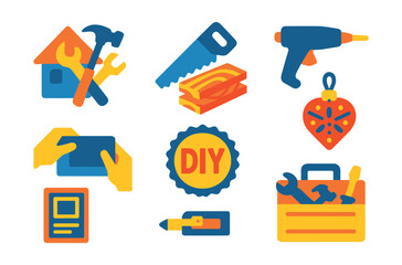 Flat vector icons of DIY and crafting: home project tools, saw and wood icon, glue gun, hands building, DIY badge, handmade decor, instruction sheet, toolbox icon.