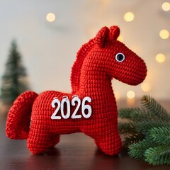 Funny cute knitted red horse toy and inscription 2026, new year 2026, happy new year, year of the fire horse