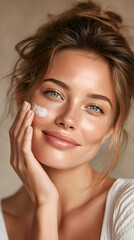 Achieve Glowing Skin with Natural Skincare: Young Woman Embraces Moisturizer and Facial Cream in Beauty Routine