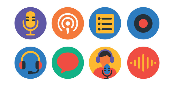 Flat vector icons of podcasts and talk shows: microphone, podcast icon, episode list, record button, headphone mic, talk bubble, podcast host, waveform in circle.