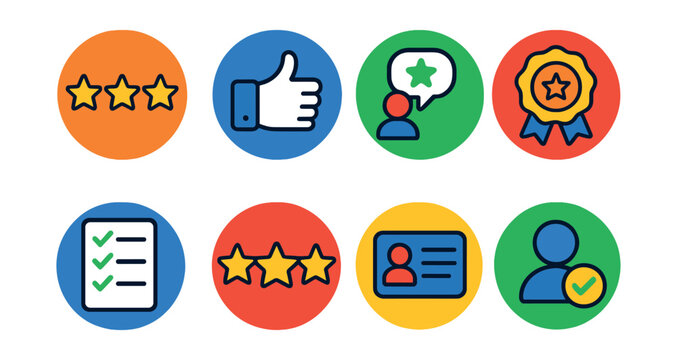 Flat vector icons of reviews and ratings: star rating icon, thumbs up/down, user review bubble, critic badge, review checklist, rating stars, comment card, verified reviewer.
