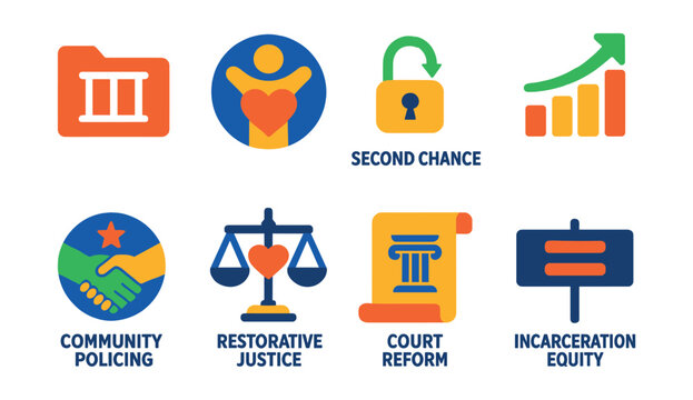 Flat vector icons of prison reform and criminal justice equity: prison reform file, rehabilitation badge, second chance icon, justice reinvestment chart, community policing symbol, restorative