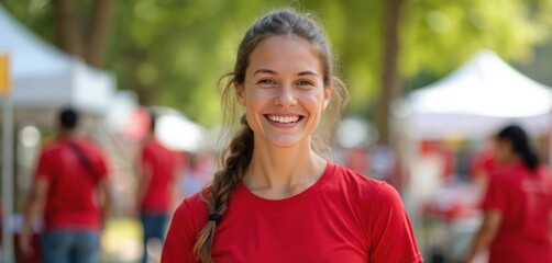Smiling young woman volunteer participates community event sunny day. Wears red shirt, shows positive attitude, spreads happiness. Community members background at charity festival. Volunteers