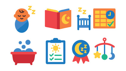 Flat vector icons of sleep and daily routines: baby sleeping icon, bedtime story book, crib symbol, nap schedule chart, bath time icon, morning routine checklist, sleep training badge, lullaby mobile