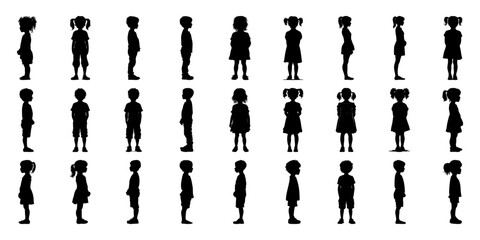 Children In Side View Silhouette Icon Set. Growth And Development Observation Symbol Collection. Educational And Parenting Visuals. Isolated Vector Illustration