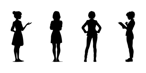 Obraz premium Women In Professional Poses Silhouette Icon Set. Business Communication And Posture Reference Symbol Collection. Corporate And Presentation Visuals. Isolated Vector Illustration