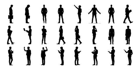 Business Professionals In Various Poses Silhouette Icon Set. Corporate Communication And Activity Symbol Collection. Ideal For Business Presentations And Ui Design. Isolated Vector Illustration
