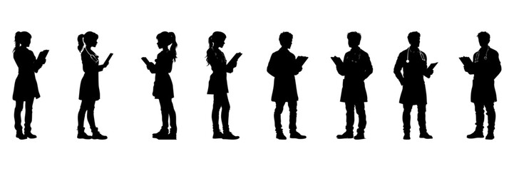 Medical Professionals Reading Silhouette Icon Set. Healthcare And Medical Staff Symbol Collection. Hospital And Clinic Use. Isolated Vector Illustration