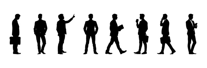Business Professionals In Various Poses Silhouette Icon Set. Corporate Activity And Communication Symbol Collection. Office And Workplace Visuals. Isolated Vector Illustration