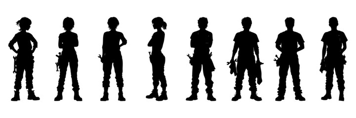Construction Workers Silhouette Icon Set. Tradespeople And Tool-Carrying Professionals Solid Symbol Collection. Industrial And Labor Visuals. Isolated Vector Illustration