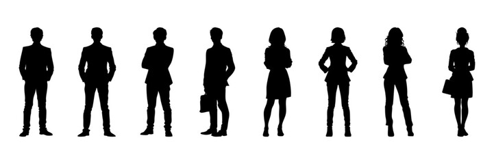 Business Professionals Silhouette Icon Set. Corporate And Office Theme Solid Symbol Collection. Business And Teamwork Visuals. Isolated Vector Illustration