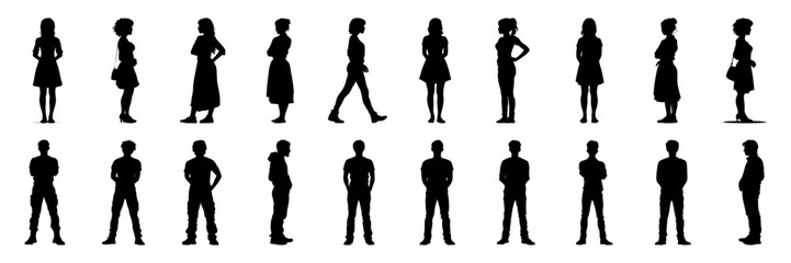Silhouette Icon Set Of Standing Men And Women. Diverse Posture And Pose Solid Symbol Collection. Ui Ux Design, Infographics, And Animation Reference. Isolated Vector Illustration
