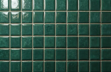 Dark green ceramic tile background for kitchen bathroom decor with glossy finish. Square mosaic pattern. Modern minimalist elegant interior design, home decor. Rich earthy surface. Perfect for