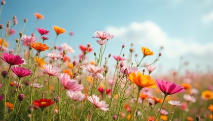 Obraz premium Mesmerizing photo field vibrant wildflowers gently swaying breeze. Delicate colorful petals motion. Flowers blossoms against blue sky, creating natural scenic landscape, perfect for eco, nature,